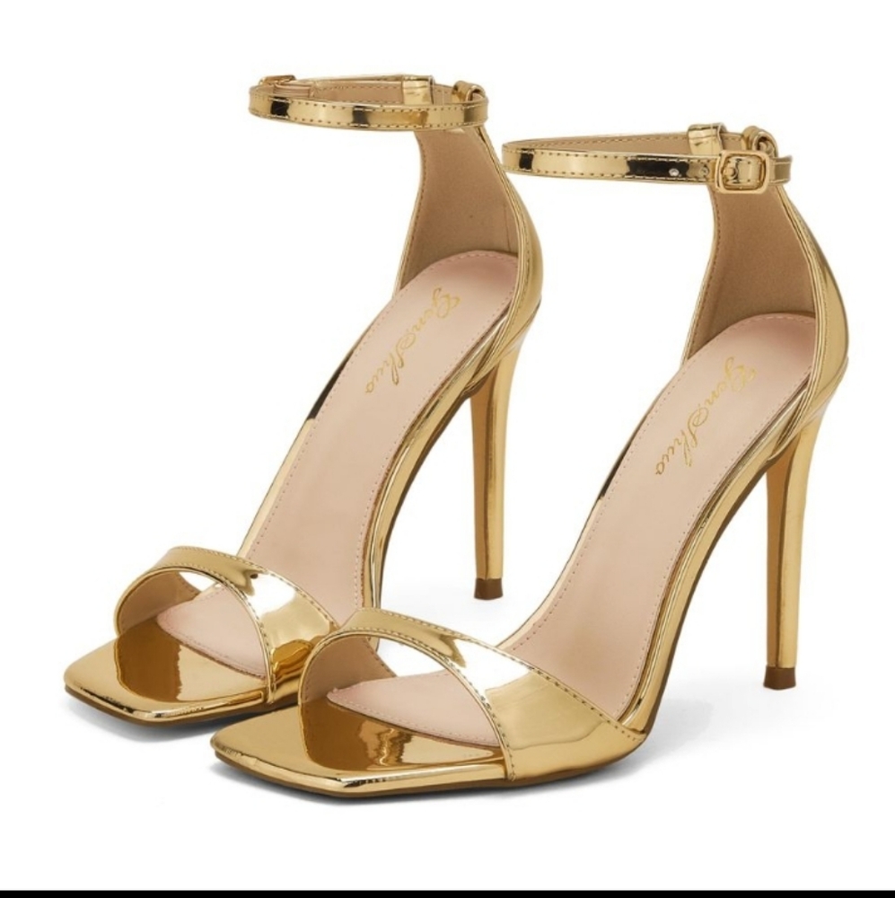 Genshuo Shiny Gold Ankle Strap Heels